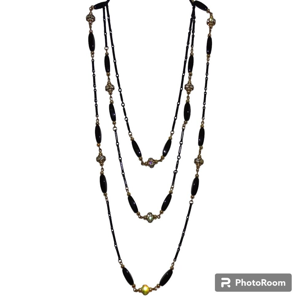 3 STRAND BLACK BEADS & RHONDEL NECKLACE